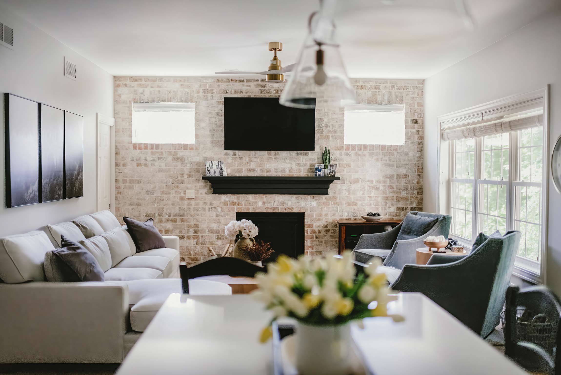 A modern living room with warm accents